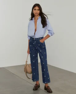 MULHER LION OF PORCHES Calças^Calças denim wide leg com bordados