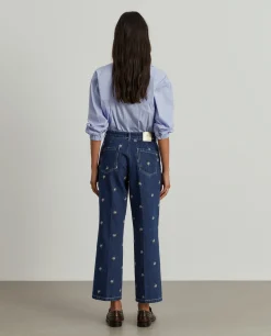 MULHER LION OF PORCHES Calças^Calças denim wide leg com bordados