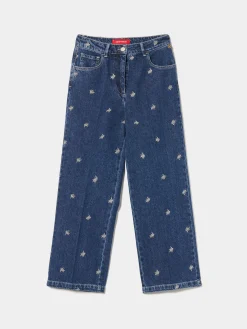 MULHER LION OF PORCHES Calças^Calças denim wide leg com bordados