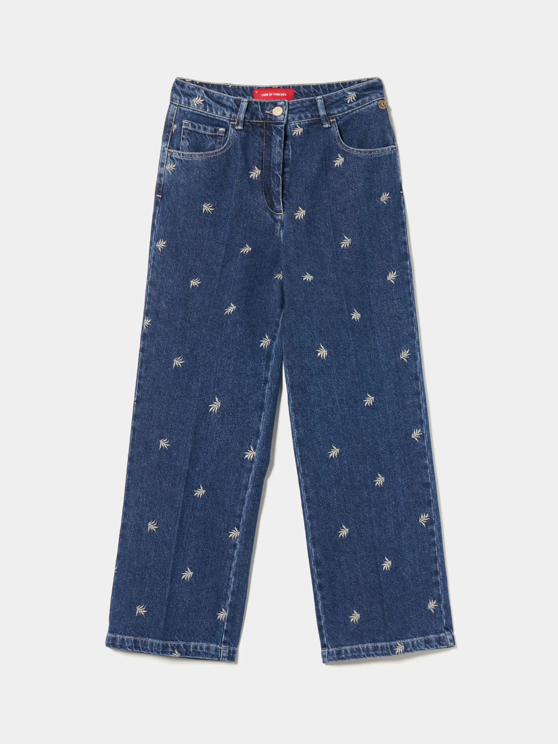 MULHER LION OF PORCHES Calças^Calças denim wide leg com bordados