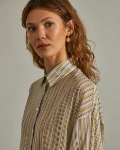 MULHER LION OF PORCHES Camisas^Camisa para mulher de algodão comprida com padrão de riscas