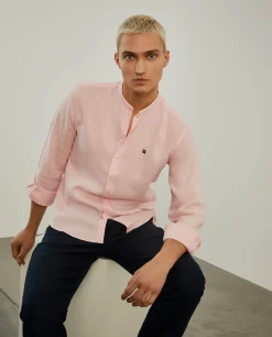 LION OF PORCHES Slim Fit^Camisa slim fit em linho com gola mandarim