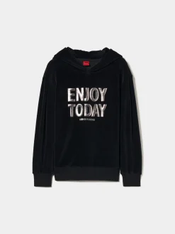 LION OF PORCHES Camisolas^Sweater veludo com capuz e mensagem