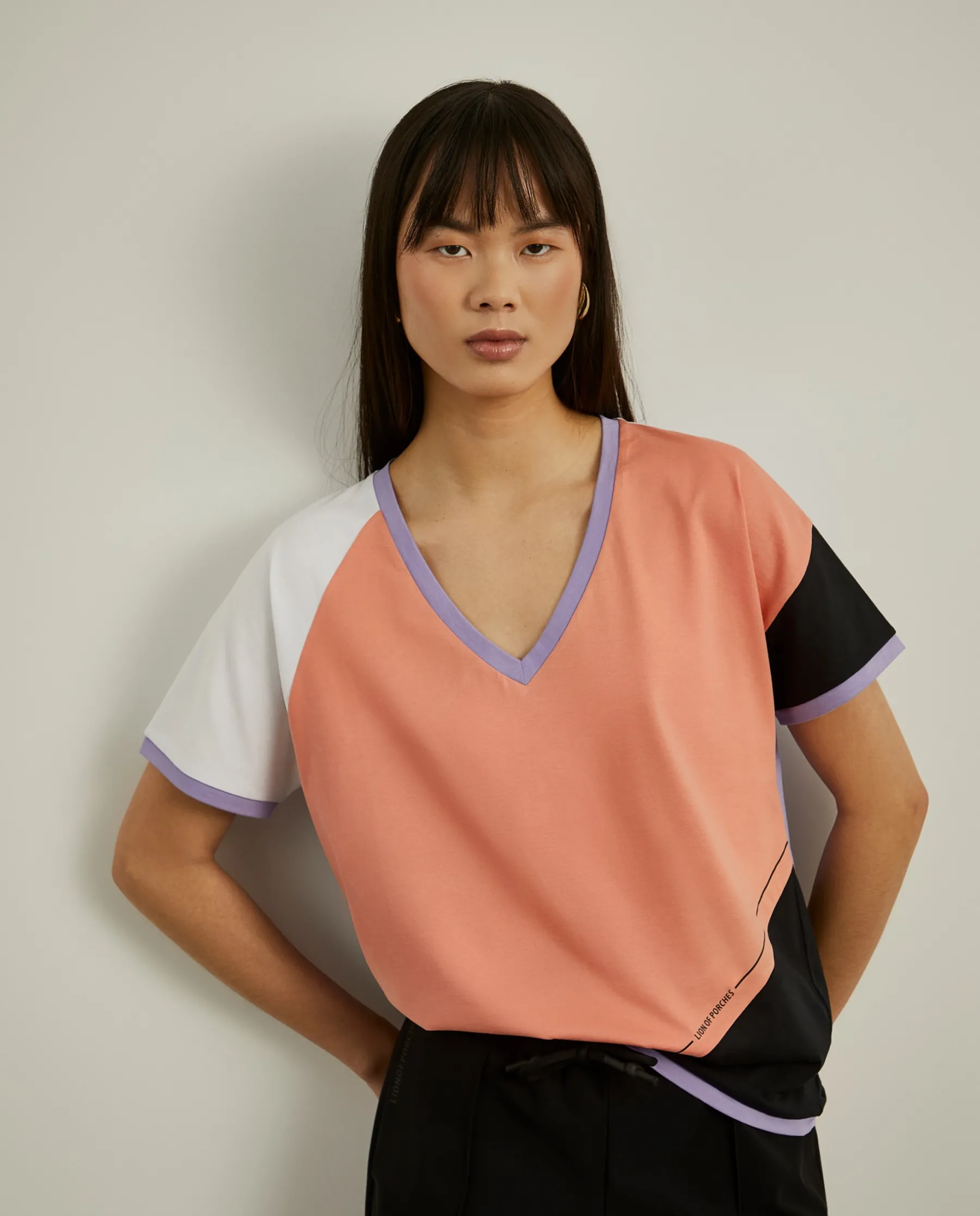 MULHER LION OF PORCHES T-Shirts^T-shirt color block decote em V