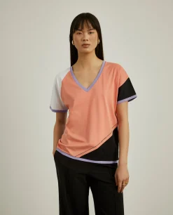 MULHER LION OF PORCHES T-Shirts^T-shirt color block decote em V
