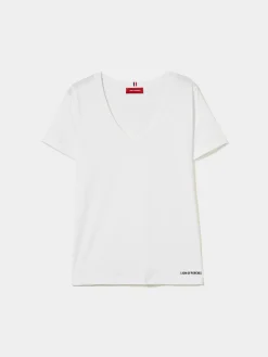 MULHER LION OF PORCHES T-Shirts^T-shirt de algodão decote em V