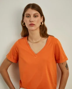 MULHER LION OF PORCHES T-Shirts^T-shirt de algodão decote em V
