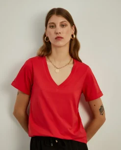 MULHER LION OF PORCHES T-Shirts^T-shirt de algodão decote em V