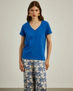 MULHER LION OF PORCHES T-Shirts^T-shirt de algodão decote em V