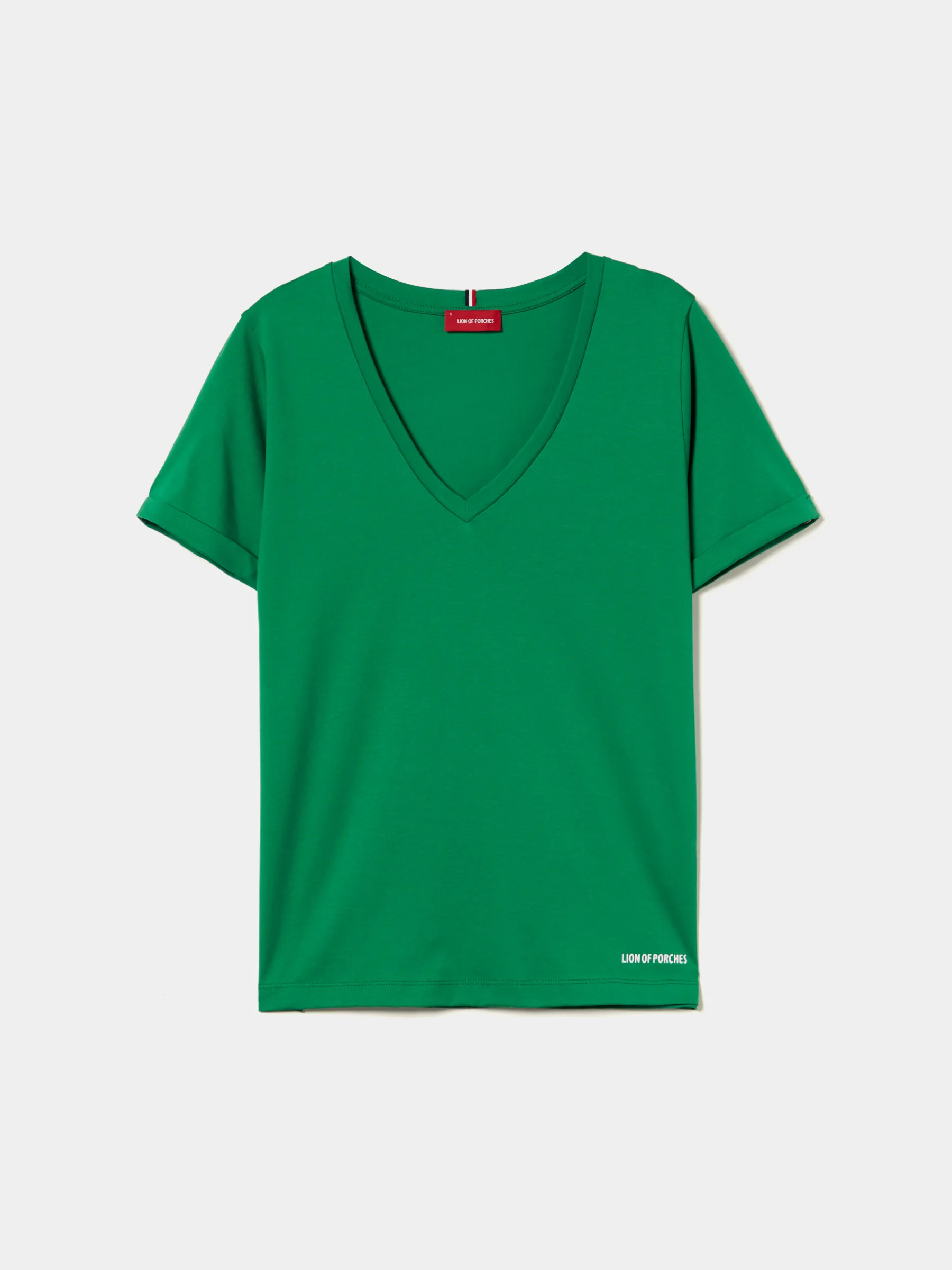 MULHER LION OF PORCHES T-Shirts^T-shirt de algodão decote em V