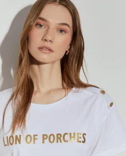 MULHER LION OF PORCHES T-Shirts^T-shirt de algodão